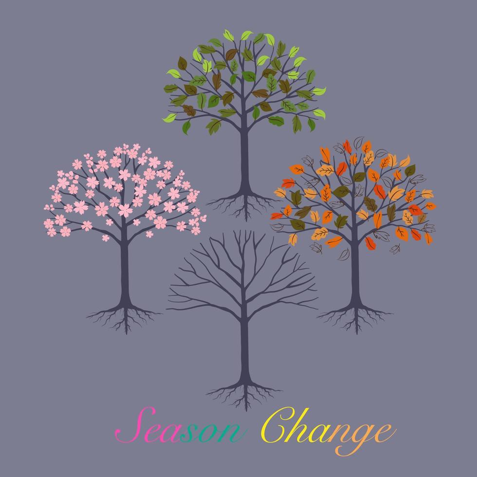 Vector of four seasonal trees, graphic drawing of Spring Summer Autumn Winter on grey background with Season Change texts