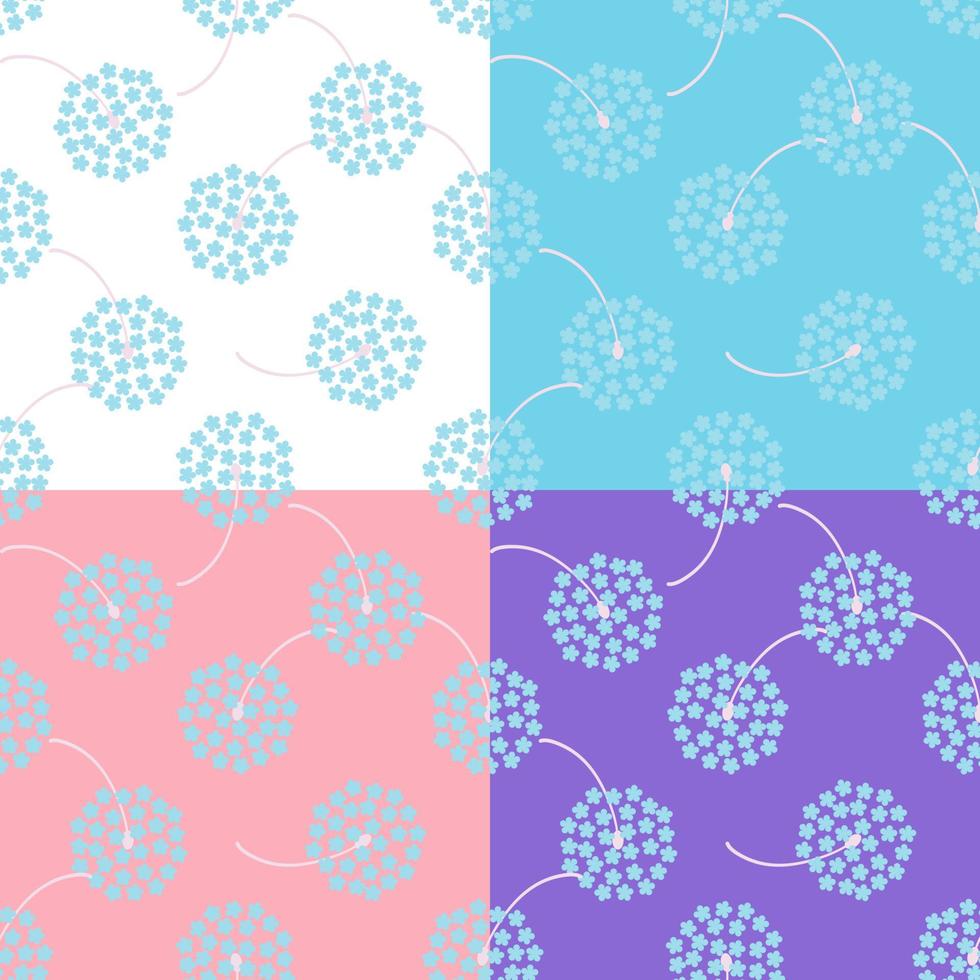 Blue Dandelion daisy petal flower blossom vector seamless pattern, set of abstract flora illustration drawing on white blue violet pink  background for fashion textiles printing, wallpaper wrapping