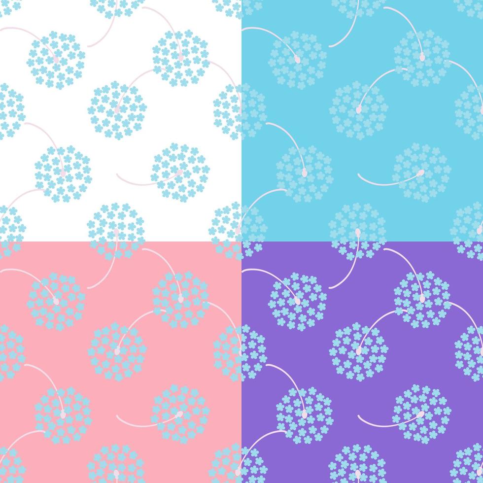 Blue Dandelion daisy petal flower blossom vector seamless pattern, set of abstract flora illustration drawing on white blue violet pink  background for fashion textiles printing, wallpaper wrapping