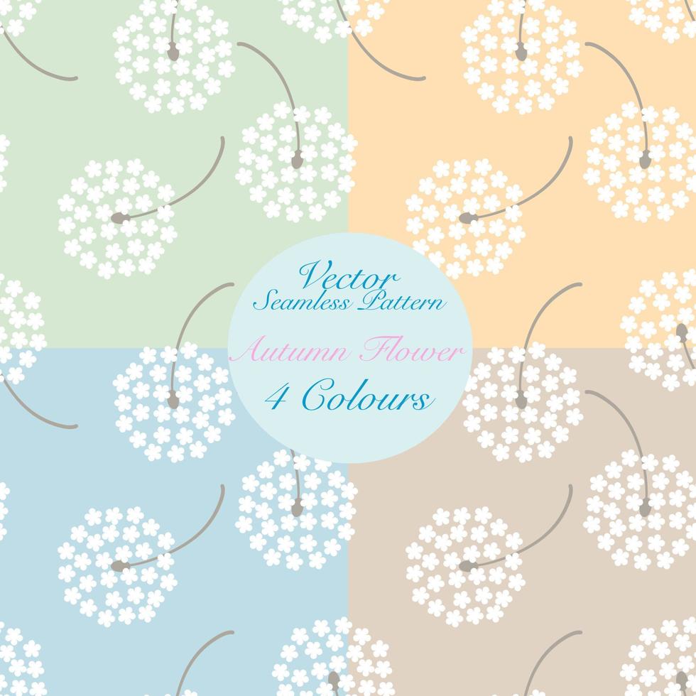 White Dandelion daisy petal flower blossom vector seamless pattern, set of abstract flora illustration drawing on green blue brown yellow background for fashion textiles printing, wallpaper wrapping