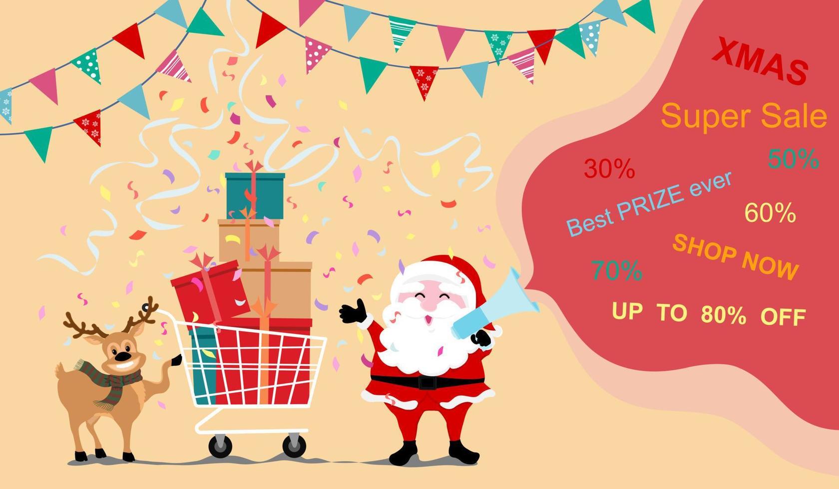 Santa Claus talk on megaphone, deer shopping on Christmas holiday sale, gift boxes on cart, scatter ribbon dropping, Xmas sale discount tag on red, vector drawing for promotion and  advertising