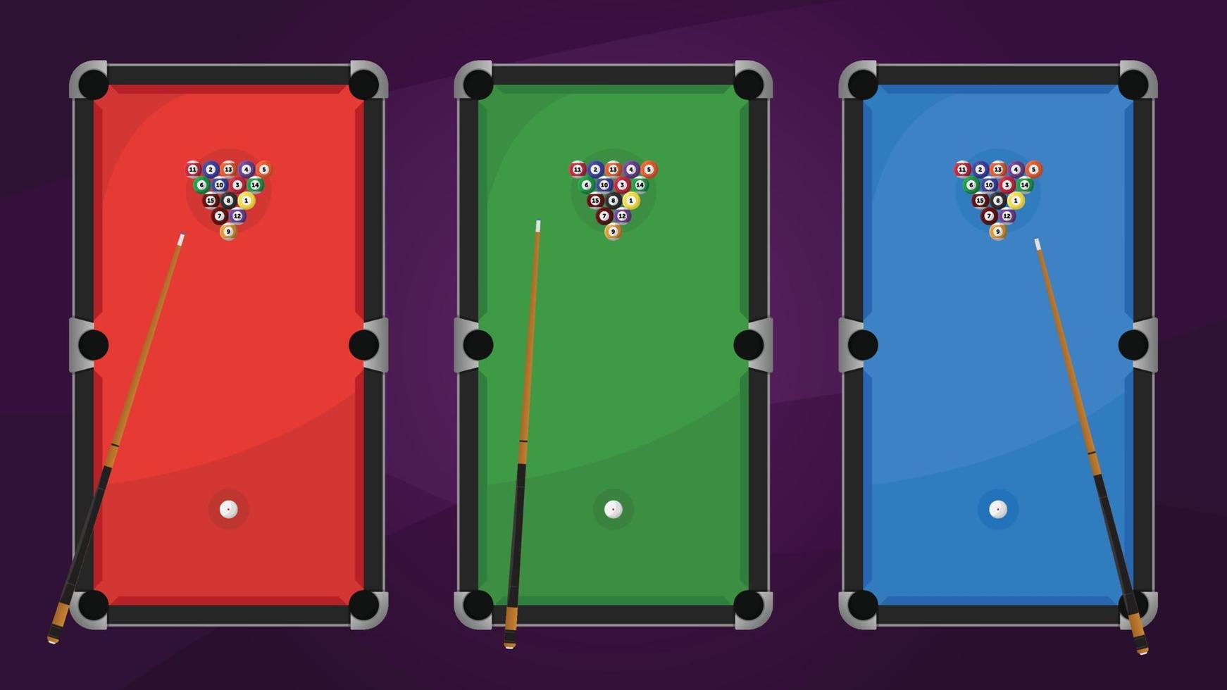 Illustration of red green blue pool billiard tables and cue sticks vector