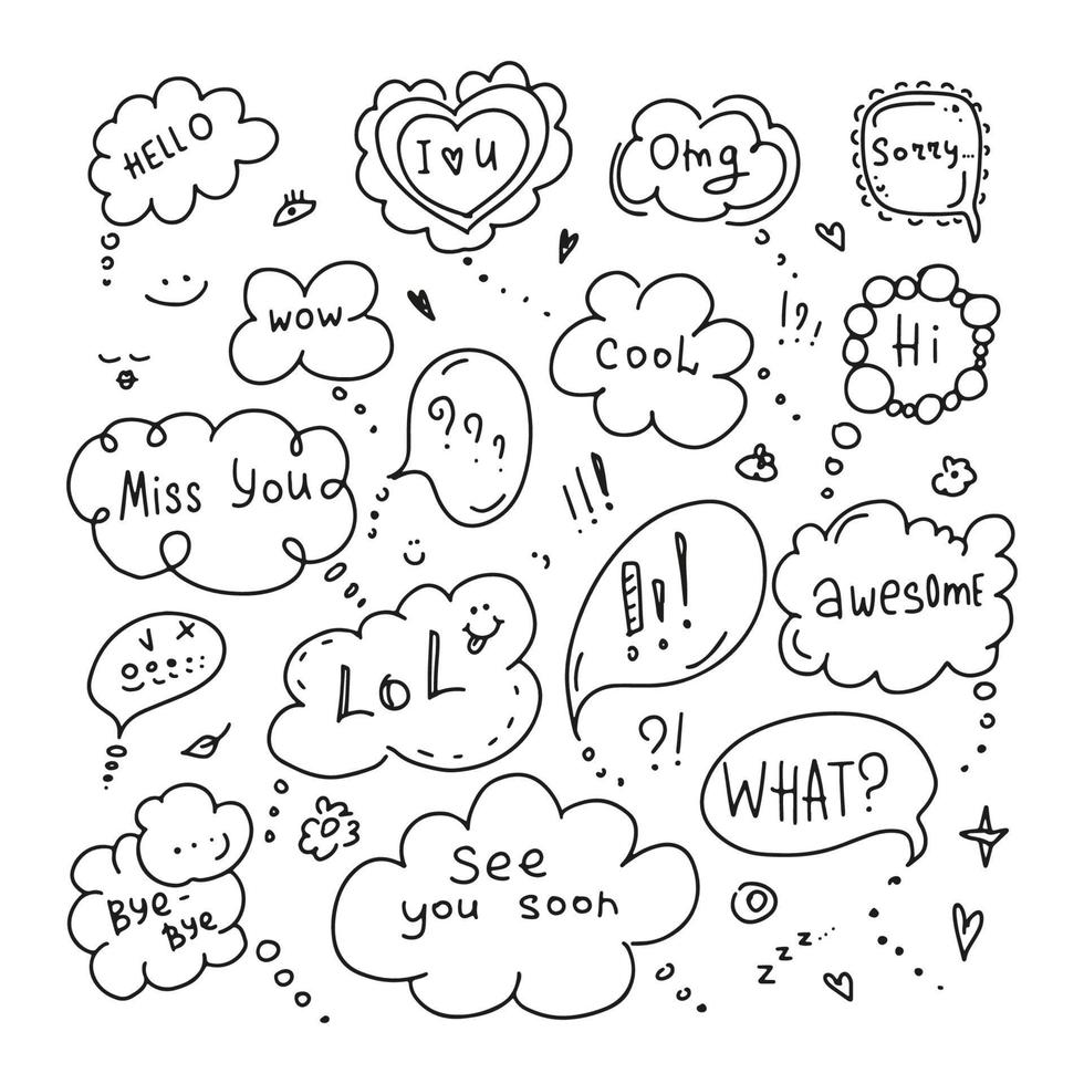 Speech bubbles set in doodle style. Hand drawn dialog clouds with phrases Hello, Hi, Miss you, Lol, Wow, Cool, Omg, Awesome, Bye, What, I love you, See you soon. Vector illustration