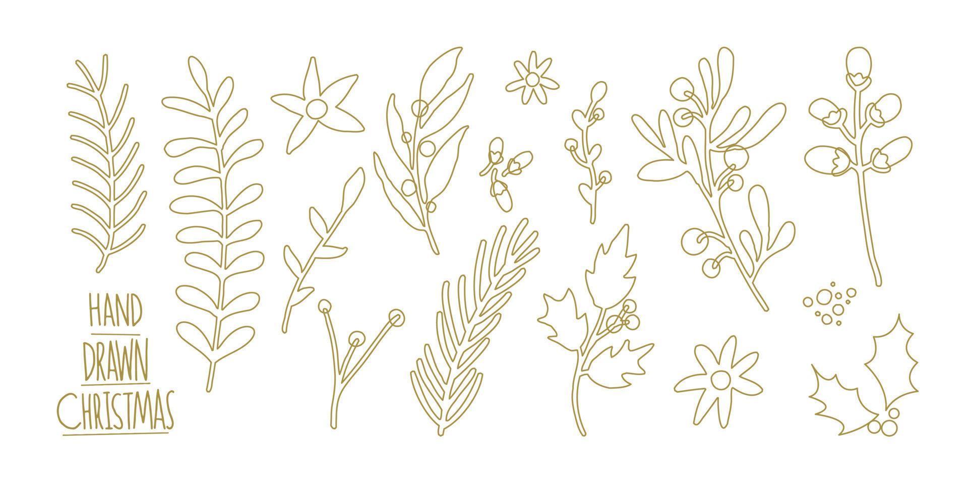 elementos de diseño floral de invierno en estilo dibujado a mano. conjunto de plantas, bayas, ramas de garabatos navideños. ilustración vectorial aislado sobre fondo blanco vector