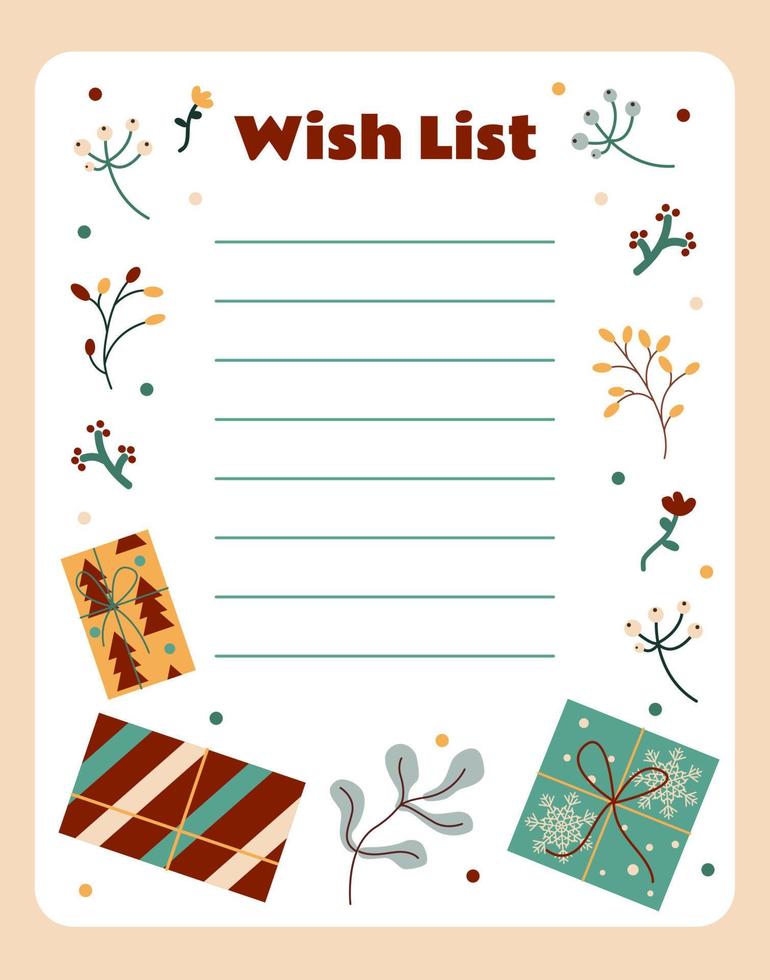 Christmas wish list with cute floral and gift boxes design elements