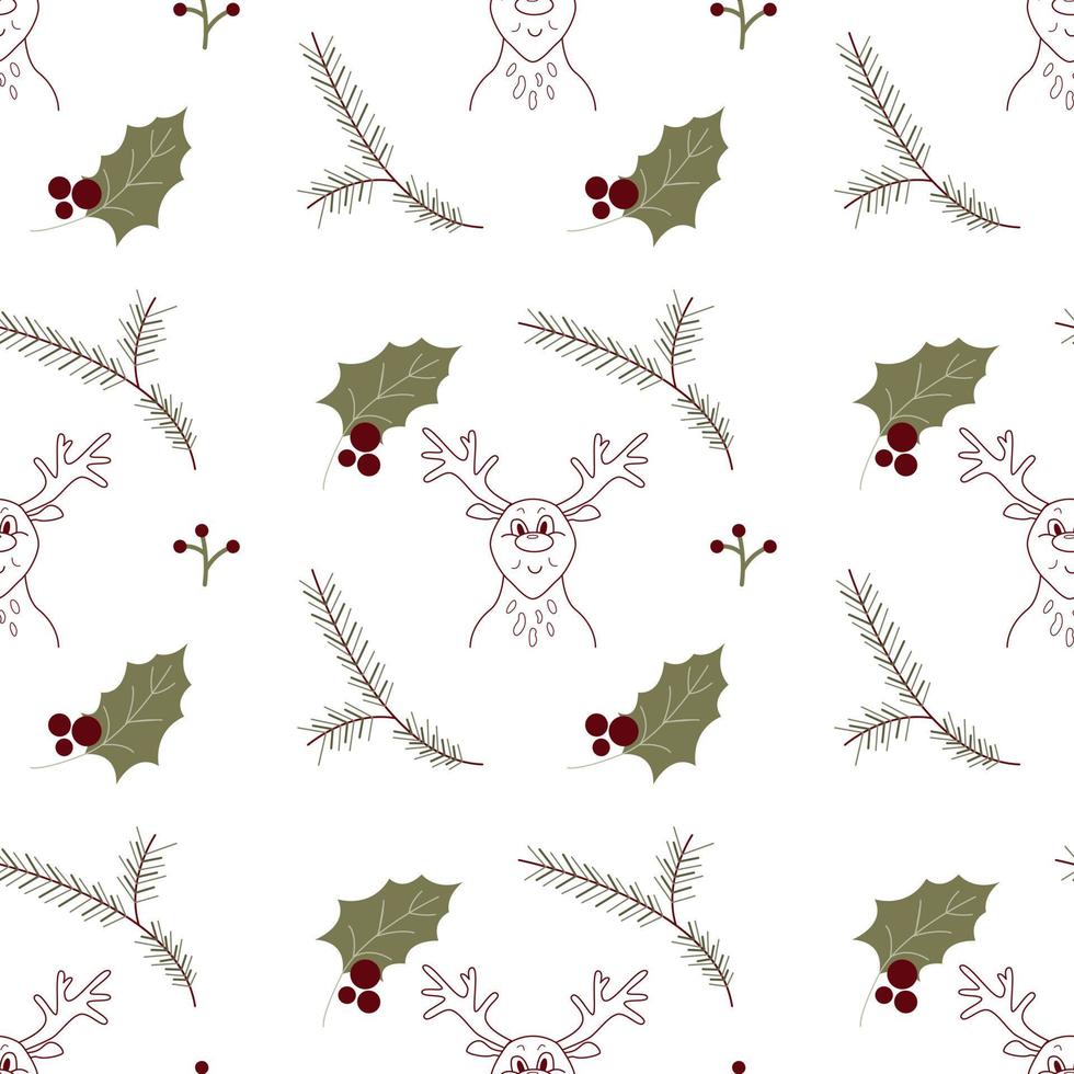 Christmas seamless pattern with reindeer and winter holly leaf and fir branch. Holiday festive repeat texture for wrapping paper, wallpaper, new year decoration vector