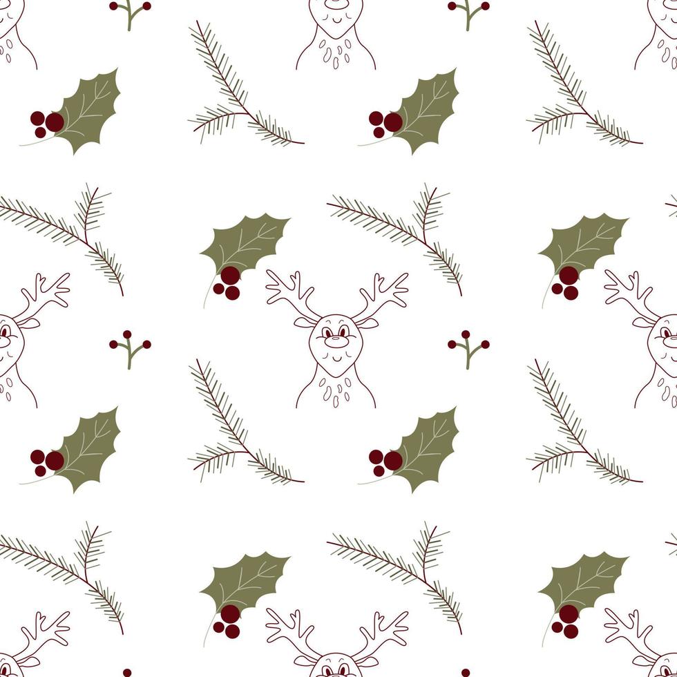 patrón sin costuras de navidad con renos y hojas de acebo de invierno y rama de abeto. textura festiva de repetición para papel de envolver, papel tapiz, decoración de año nuevo vector