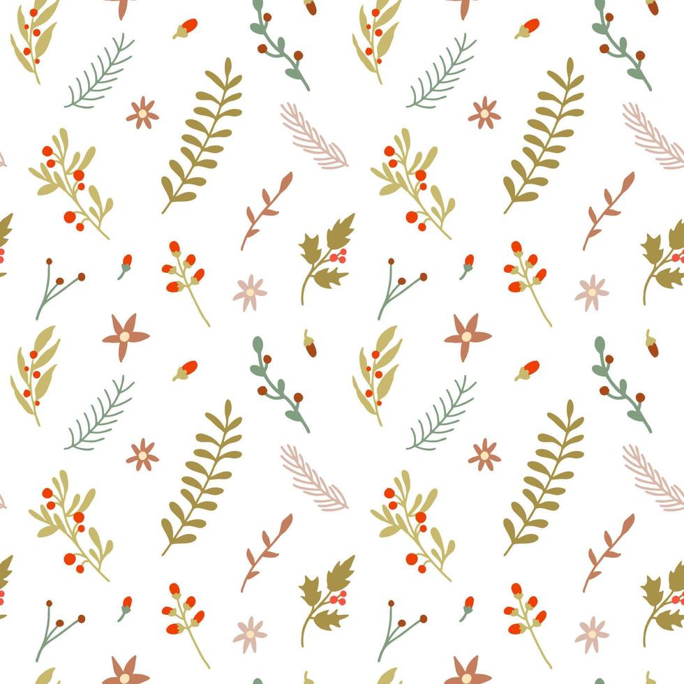 Christmas seamless pattern with fir branches, berries, holly leaves. Cute hand drawn vector illustration for wrapping paper, festive background, fabric design