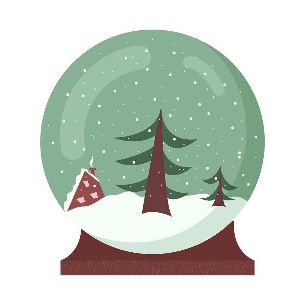 Christmas snow globe. Cute winter snowball with tree and house inside on wooden stand. Flat vector illustration isolated on white background