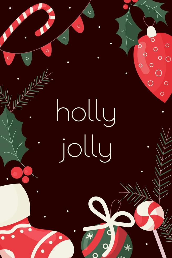 tarjeta de felicitación navideña con elementos tradicionales de invierno. Holly Jolly. plantilla festiva para el nuevo año 2022, afiche, planificador, invitación, álbum de recortes. ilustración plana vectorial vector