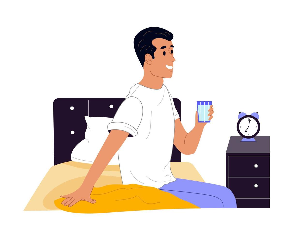 joven bebiendo agua de vidrio por la mañana. chico sonriente sentado en la cama en su habitación. concepto de estilo de vida saludable. ilustración de vector plano de color aislado sobre fondo blanco