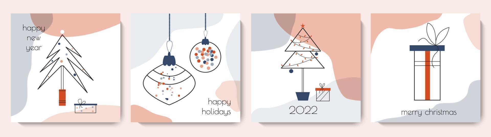 Merry Christmas and Happy New Year greeting card collection. Cute square winter template set. Vector illustration for social media, print, banner minimal design