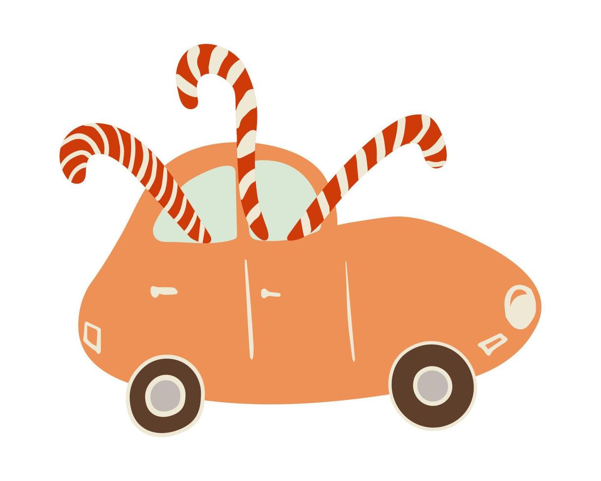 Cute car with christmas long candy. Hand drawn Vector Illustration for Design Cards, T-shirts Print