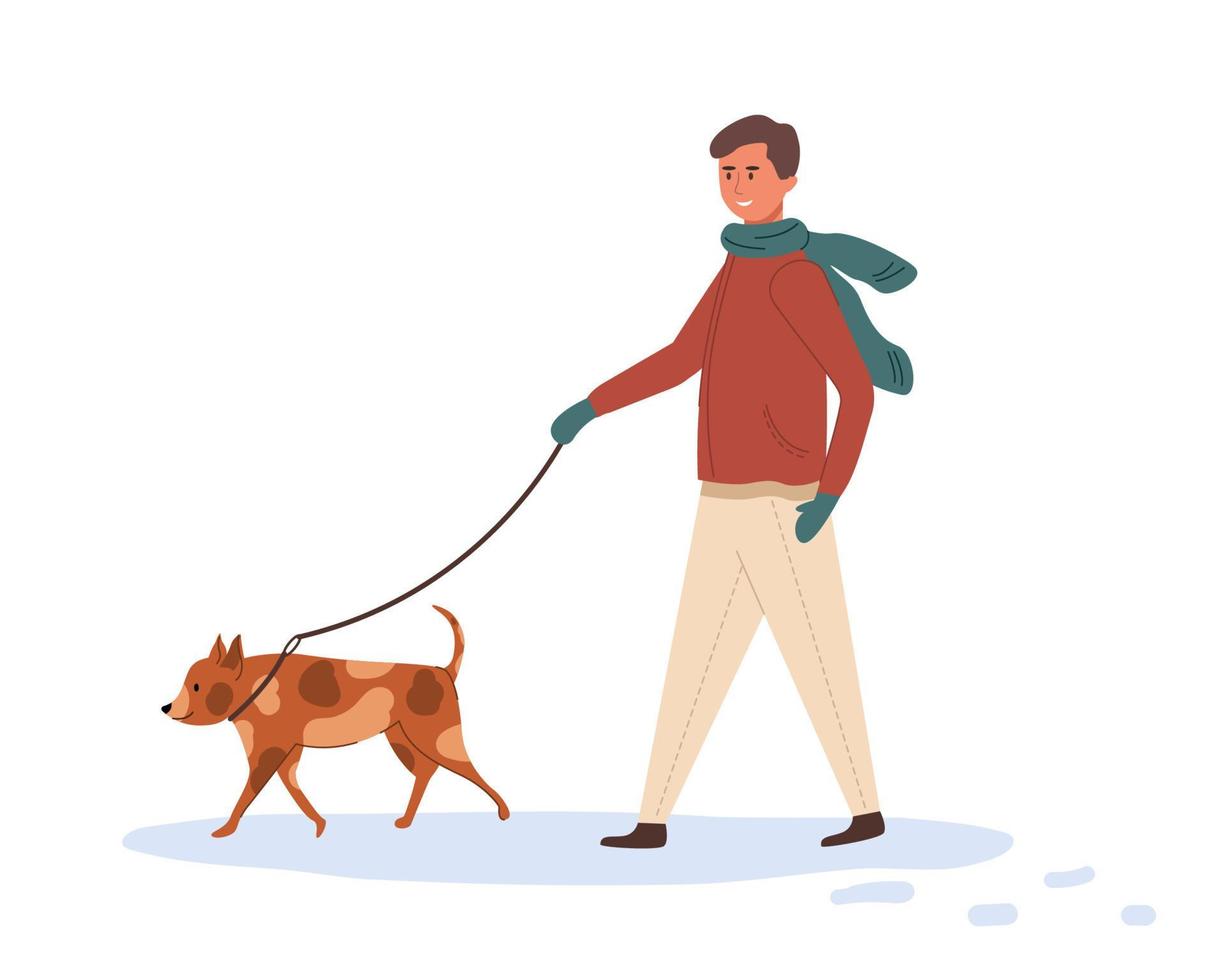 A young man walks with a dog on a leash in winter time. Happy owner and cute pet spend time together outdoors. Cartoon flat vector illustration isolated on white background