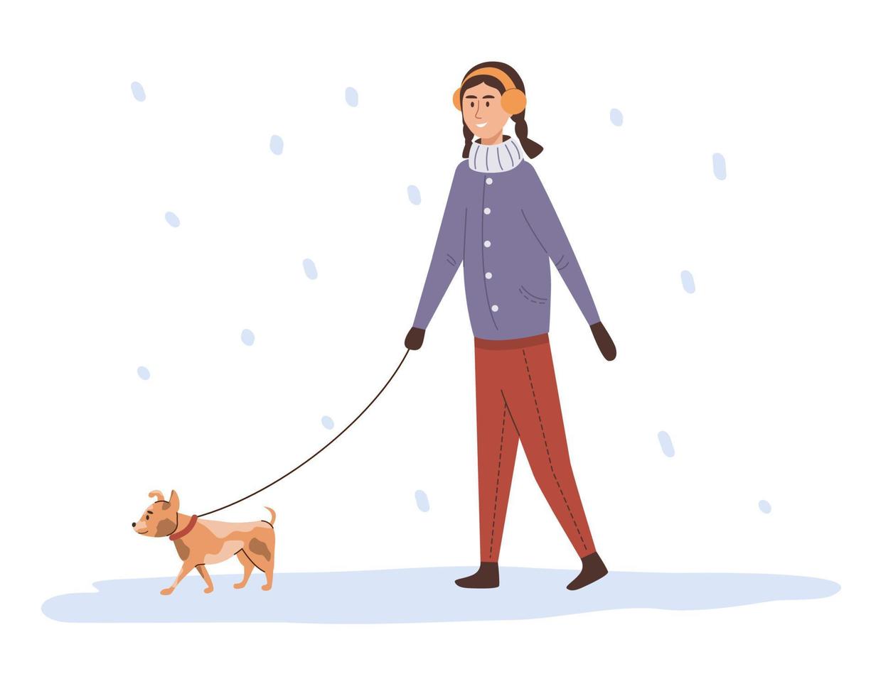 Cute girl walks with a dog on a leash in winter time. Happy owner and little pet spend time together outdoors. Cartoon flat vector illustration isolated on white background