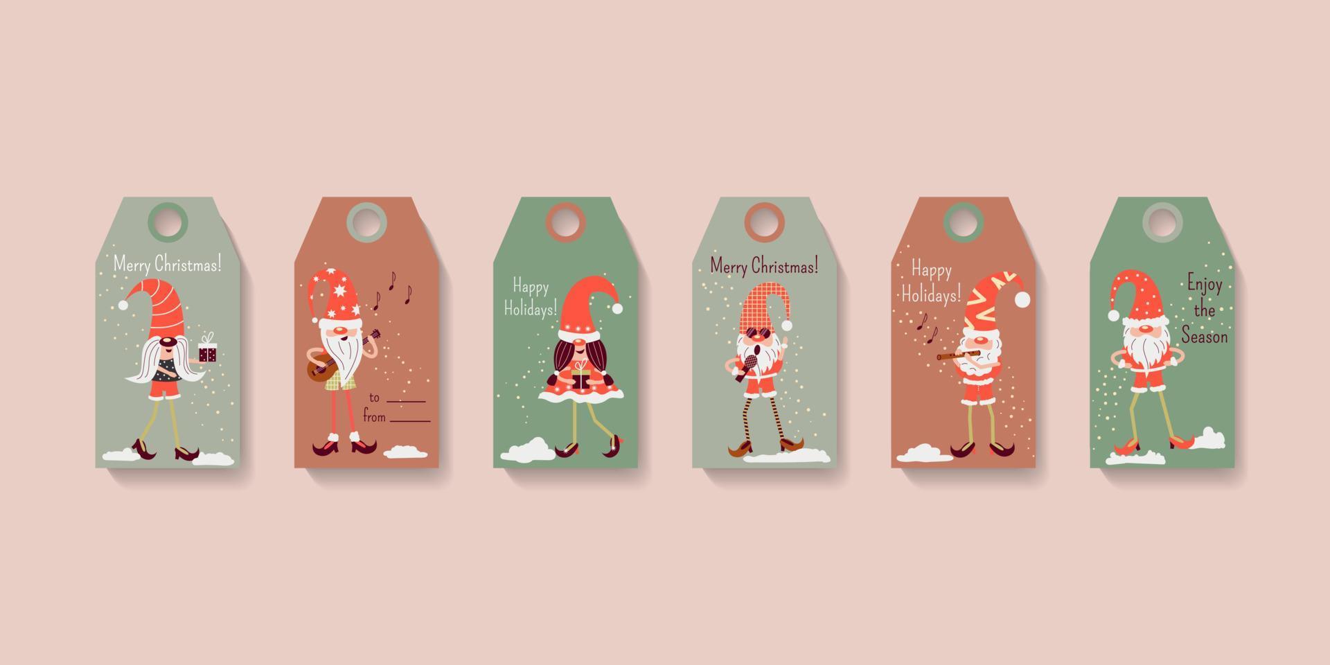 Christmas greeting gift labels and tags with Scandinavian cute gnomes. Merry Holidays template for scrapbook, seasonal wrapping, stickers. Vector cartoon flat illustration