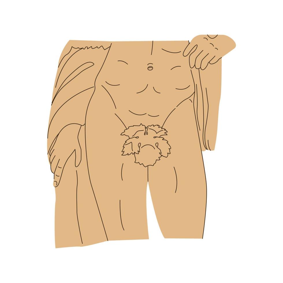 antigua estatua masculina romana con hojas de higuera que cubren los genitales. escultura corporal antigua desnuda de la antigua roma. ilustración de vector de dibujos animados plana aislada sobre genitales de backgroundg blanco