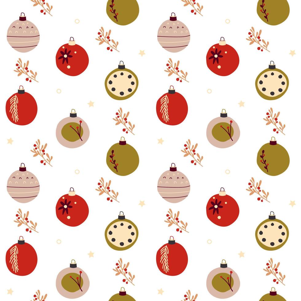 Christmas bauble seamless pattern background. Cute toys in scandinavian style. Vector holiday floral repeat texture