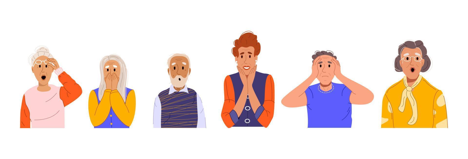 Set of elderly people looking shocked, feared, worried. Old men and women portraits with excited, surprised expressions of faces. Color flat vector illustration of senior characters