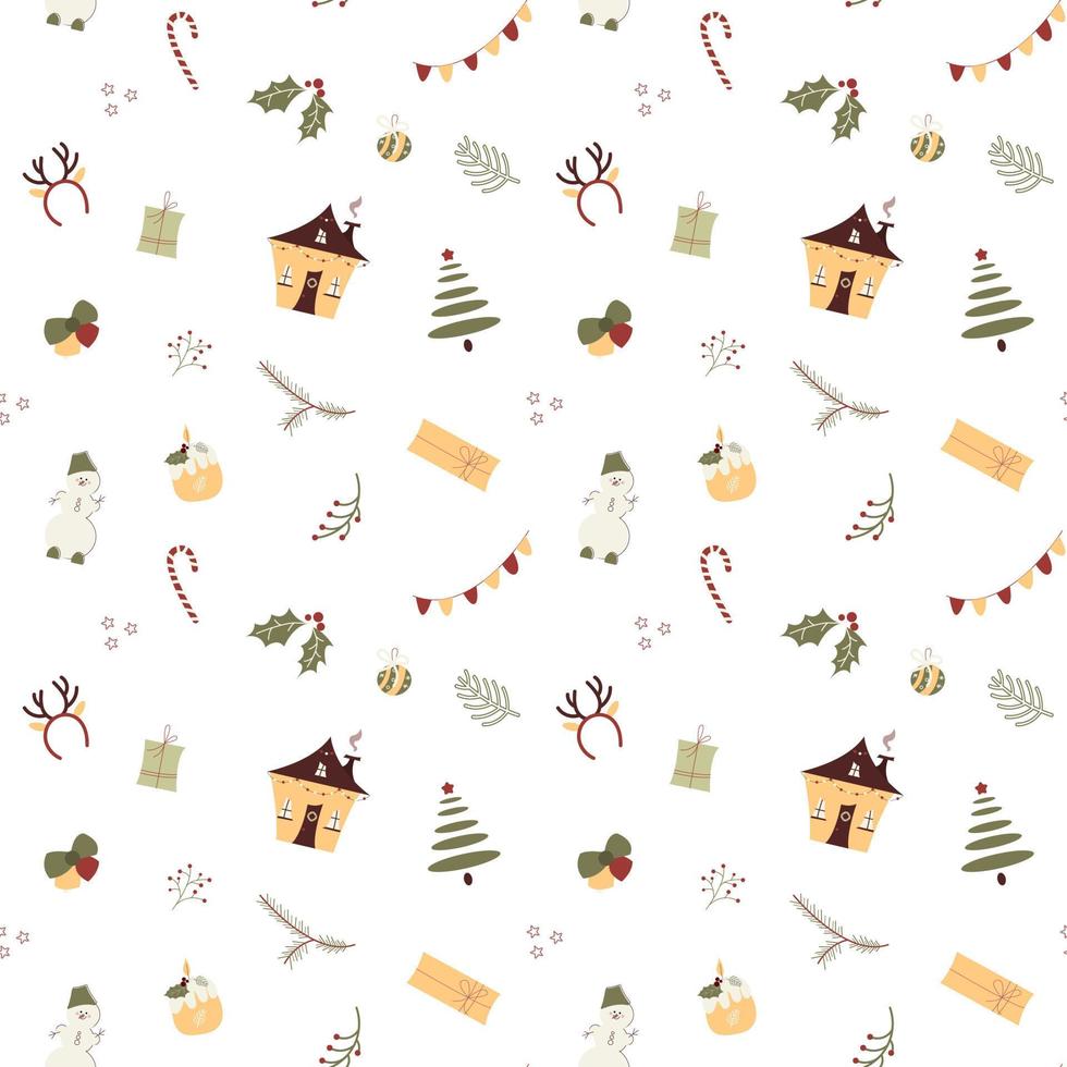 Christmas seamless pattern with festive design elements. Christmas tree, cute decorated house, snowman, candle, floral illustrations. Repeat new year texture isolated on white background vector