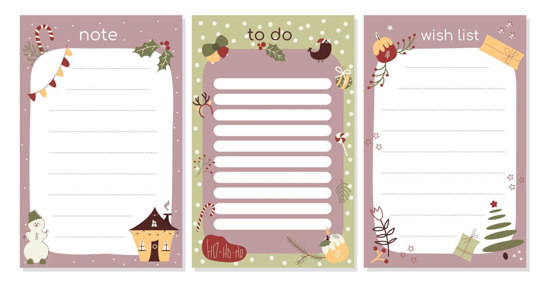 plantilla de lista de tareas navideñas con lindos elementos festivos. lista de verificación diaria de invierno. planificador, horario, cuaderno, notas semanales. ilustración vectorial plana de dibujos animados vector