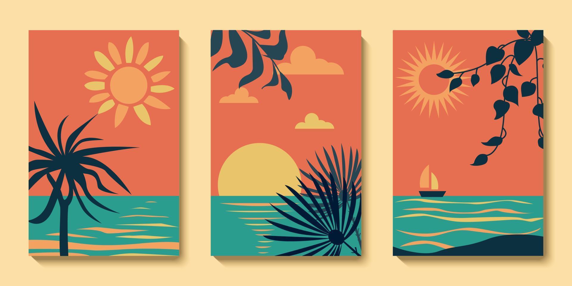 Set of summer abstract modern landscape poster, sea background. Sunset