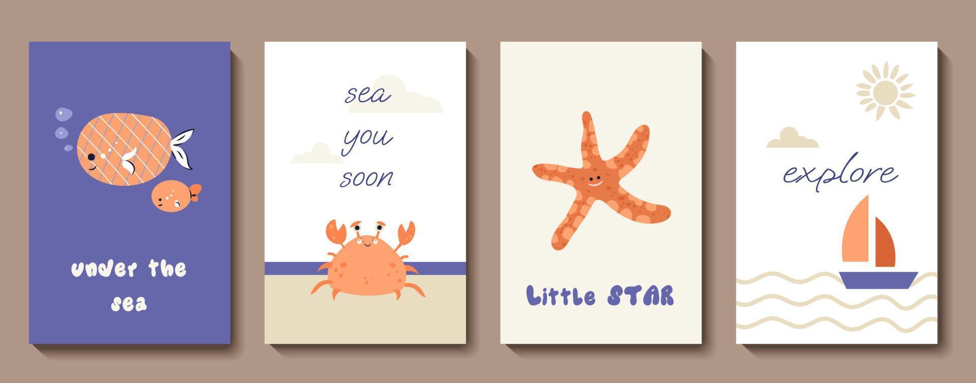 Cute undersea world card set. Ocean sea nursery posters with fish, crab, star, ship. Vector cartoon illustrations collection