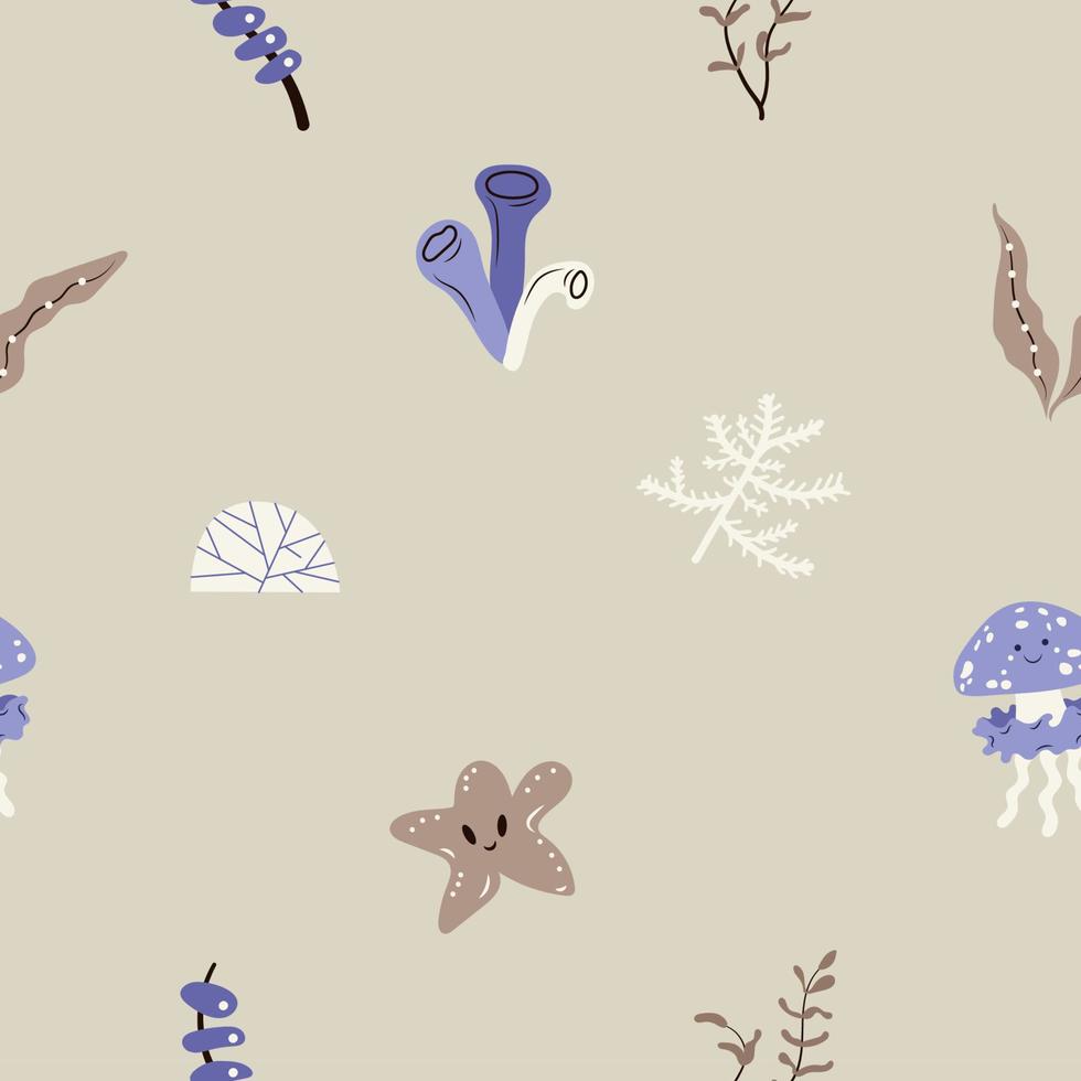 Cute undersea world childish print. Sea ocean repeating texture with jellyfish, starfish and aquatic plants. Vector cartoon seamless pattern