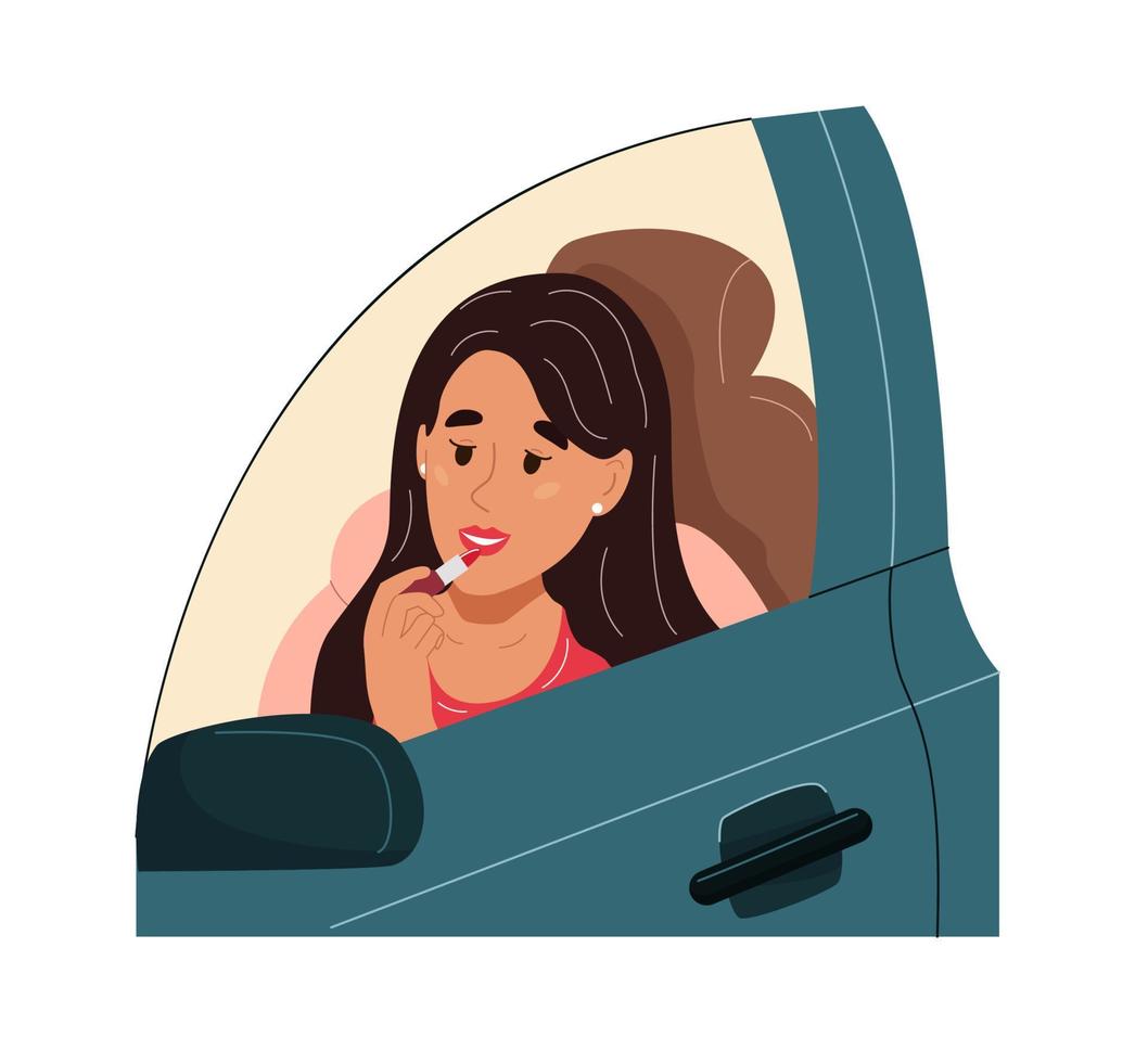 hermosa joven aplicando pintalabios, maquillándose mientras está sentada en el auto. linda chica conductora mirando en el espejo lateral. ilustración vectorial plana coloreada aislada sobre fondo blanco vector