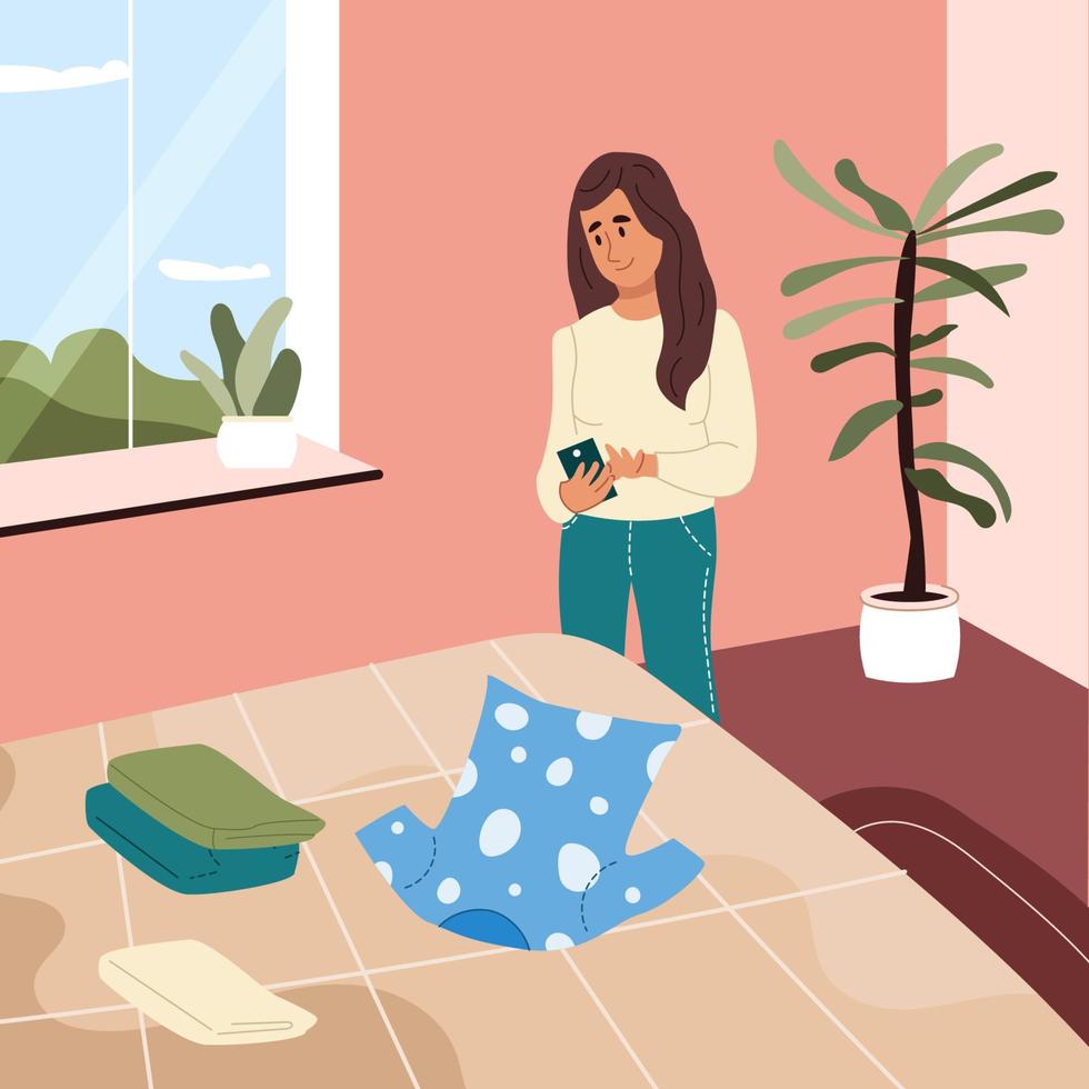 Young woman taking photo of t-shirt using her smartphone on the bed. Online sale, reuse, conscious consumer concept. Color flat cartoon vector illustration