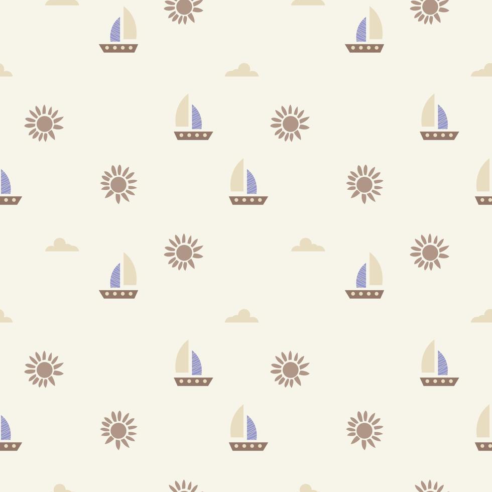 Cute ship childish print. Boho summer repeating texture with boat, sun, clouds. Vector cartoon seamless pattern for nursery decoration, wallpaper, kids textile
