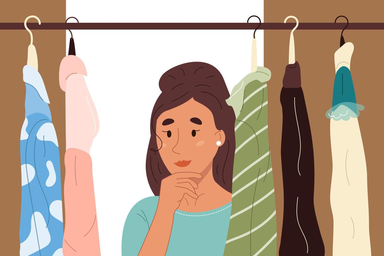 Choice of clothes, nothing to wear concept. Confused thoughtful young woman deciding what to wear. Outfit on hanger in wardrobe at home. Flat cartoon vector illustration