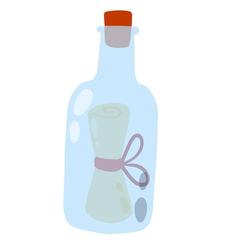 Message in bottle. Letter and pirate note. Blue glass. vector