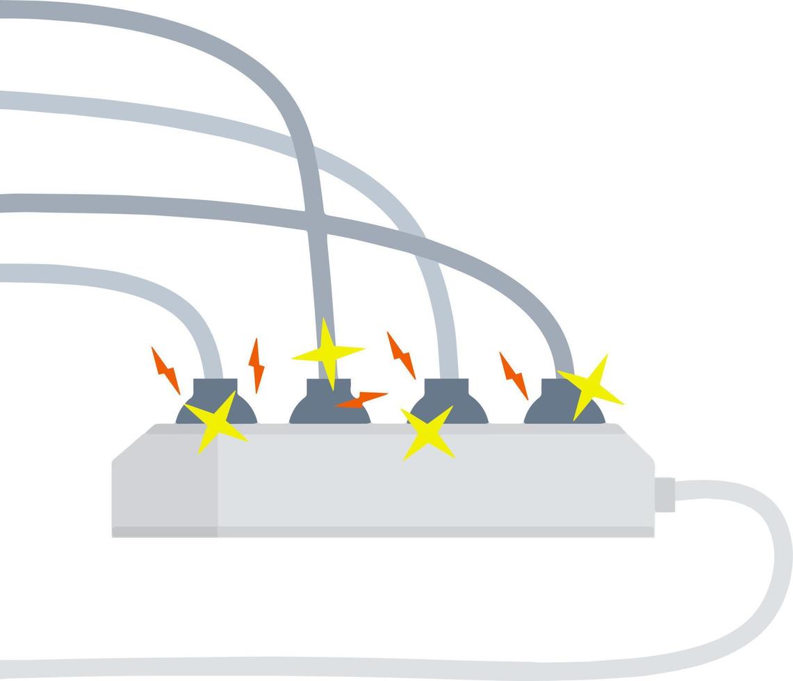 Electrical circuit. Shock, red lightning and yellow sparks from the outlet. Connector and plug. System overload. The problem with the appliance. Fire situation with smoke and safety. vector