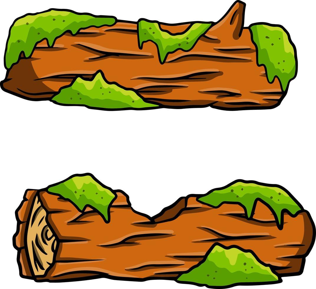 Vector brown log with green moss. Building wood material, natural element. Environment of forest. Set of cartoon illustration
