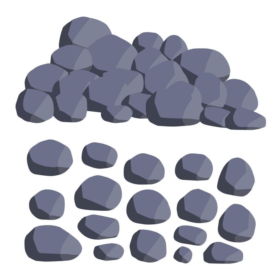 Set of stones. Pile of cobblestones. Gray geological minerals. Heavy wall construction material. Large blocks vector