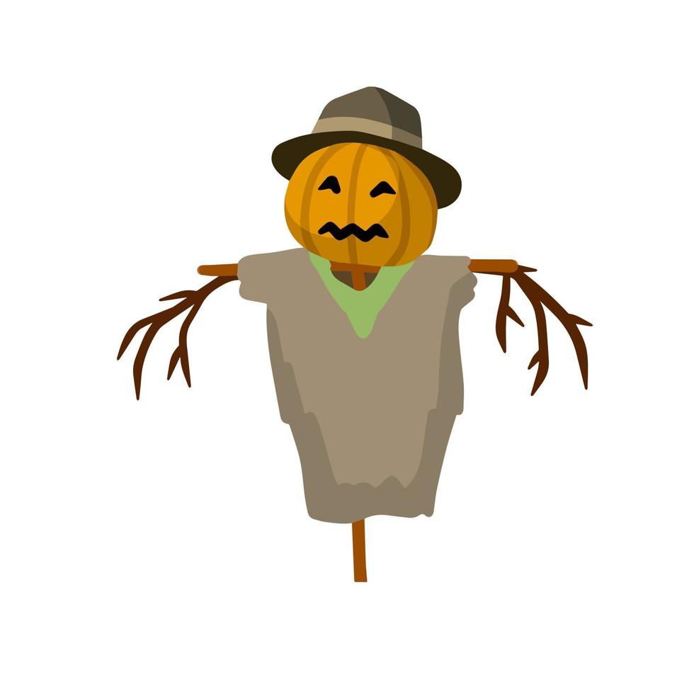 Scarecrow with a pumpkin head. Funny bogeyman with hat. A fabulous Halloween Character. Old clothes and a stick. Flat cartoon illustration vector