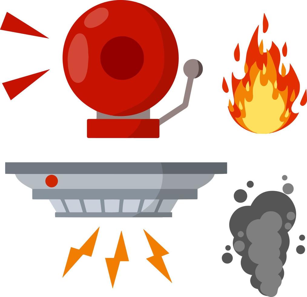 Fire safety. Set of items-Alarm siren ring, smoke sensor, flame. Dangerous situation. Accident protection. alert and problem. Cartoon flat illustration vector