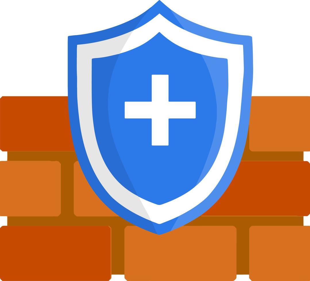 Brick wall and blue shield protection. Red block and security. Symbol of defense and antivirus. Medical icon for app. Treatment and prevention. Flat illustration vector