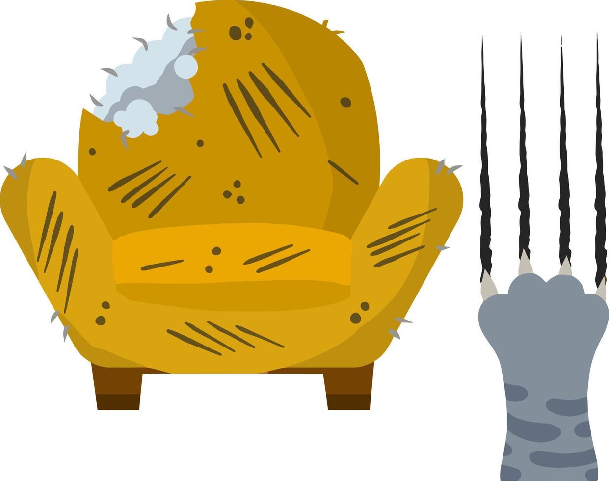 Old chair. Scratched and cut armchair. Paw of a grey cat with trace claws. Broken furniture. Bad behavior. Cartoon flat illustration vector