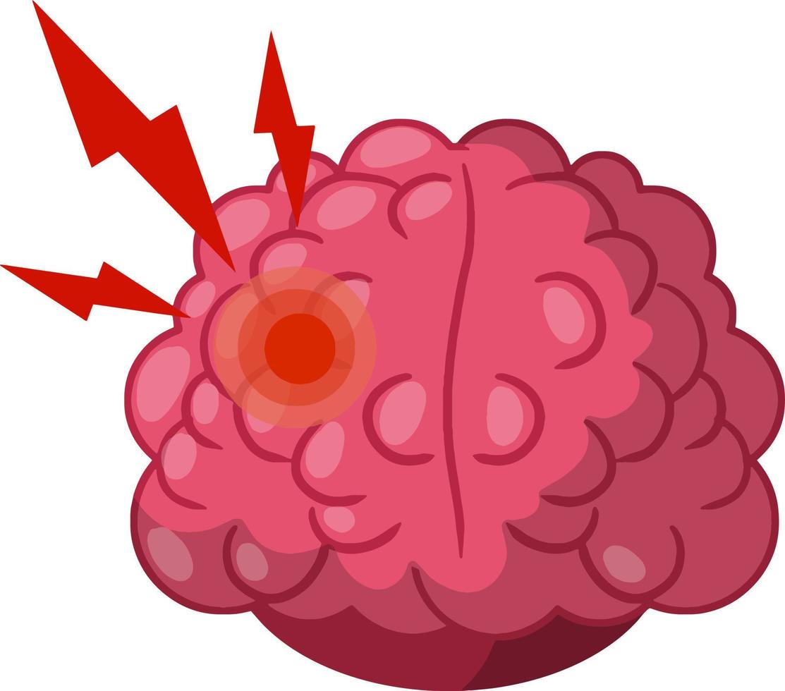 Headache. Red spot in human brain. Pain with red lightning. Problem with head. Medical care. Cartoon flat illustration vector