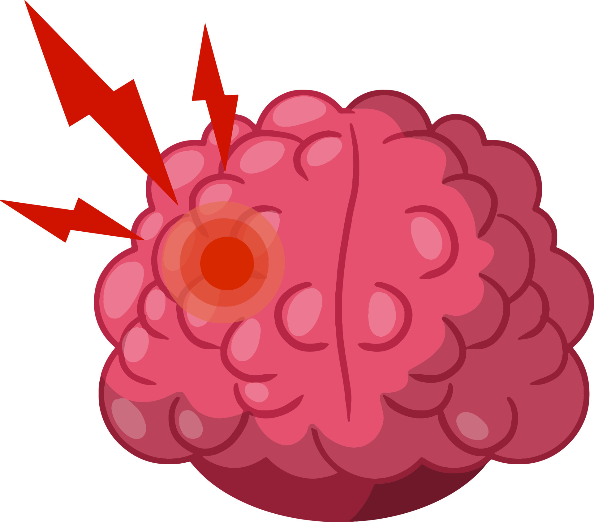 Headache. Red spot in human brain. Pain with red lightning. Problem