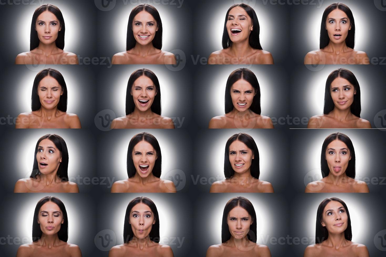 Diverse emotions. Collage of beautiful young shitless woman expressing diverse emotions while standing against grey background photo