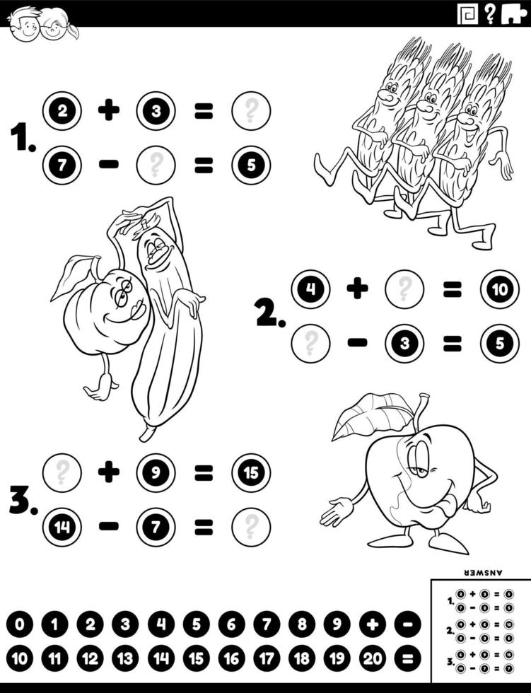 tarea matemática con personajes de comida cómica para colorear página vector