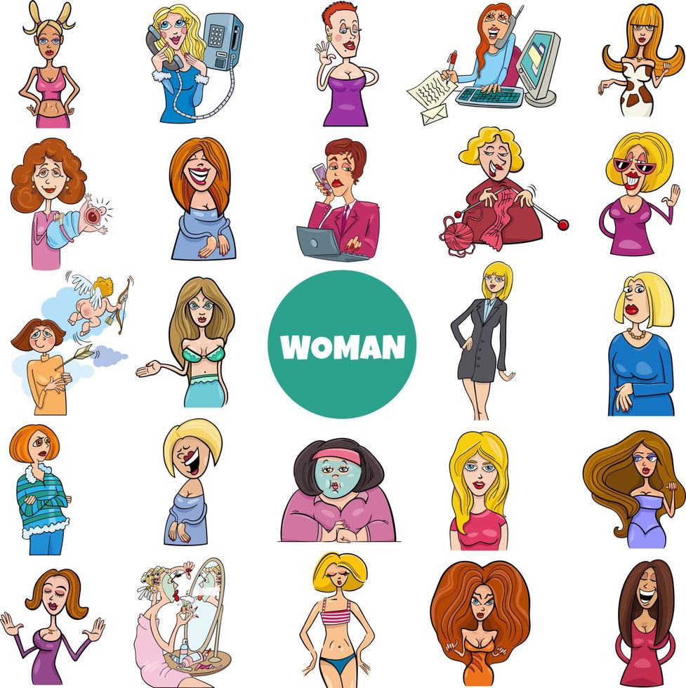 cartoon women and girls characters big set vector