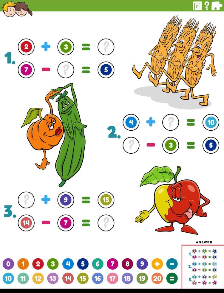 addition and subtraction task with cartoon food characters vector