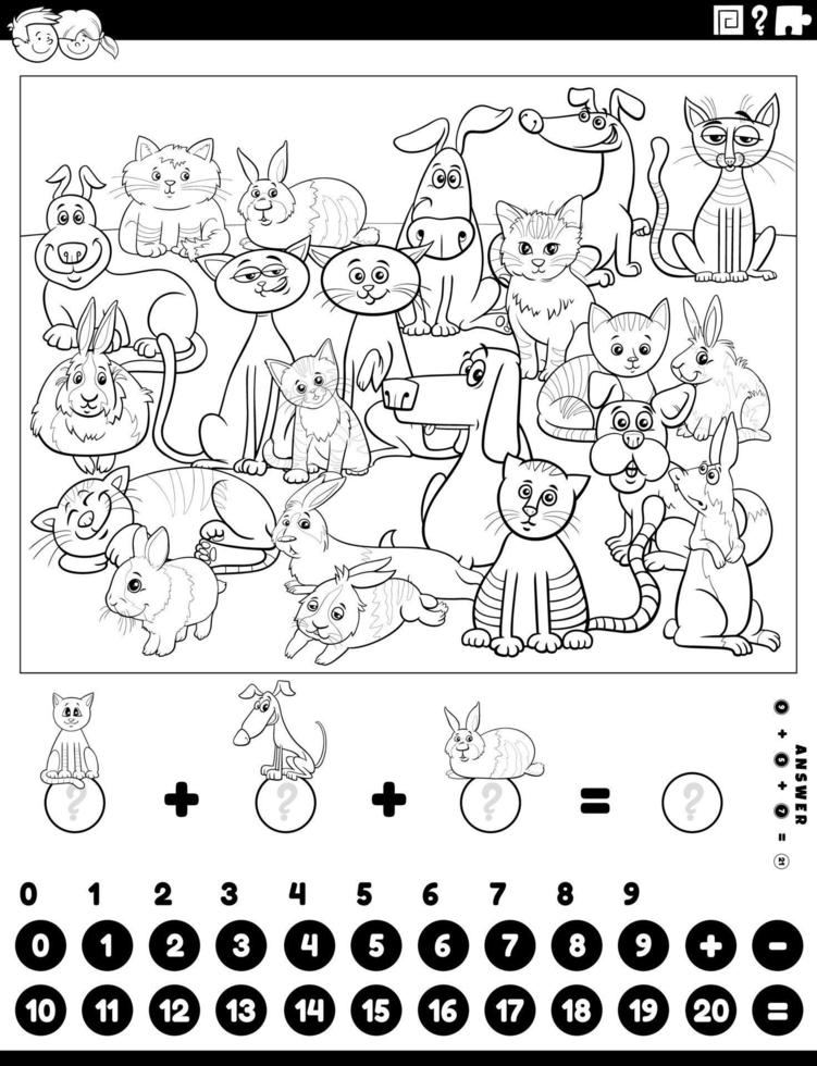 counting and adding task with animals coloring page vector