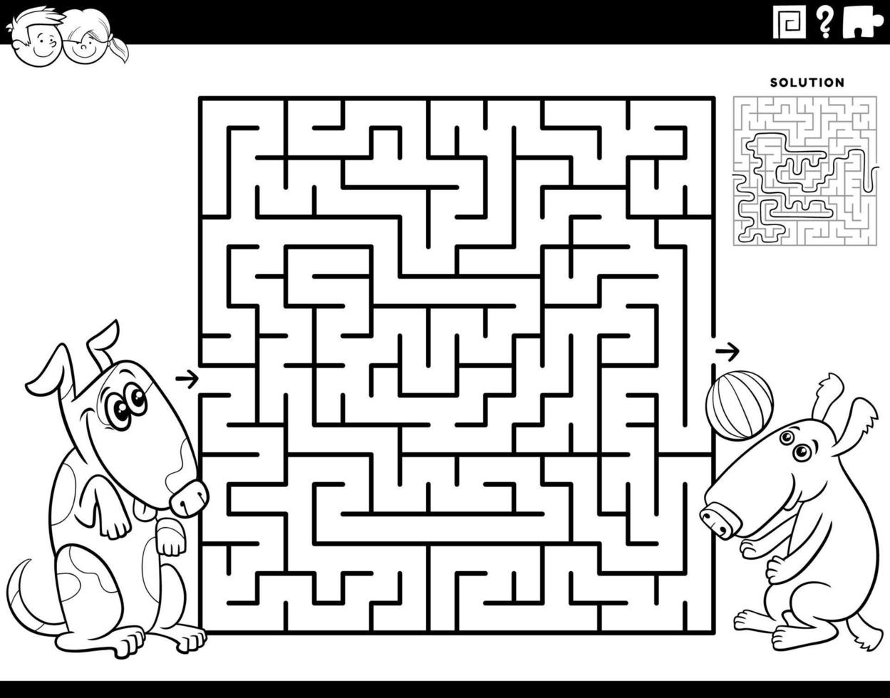 maze game with two cartoon playful dogs coloring page vector