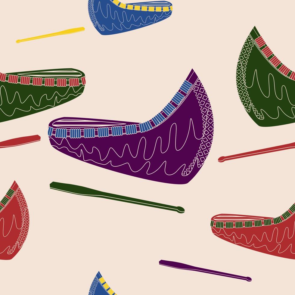 Editable Vector of Oblique View Native American Canoe With Paddle Illustration in Various Colors as Seamless Pattern for Creating Background of Traditional Culture and History Related Design
