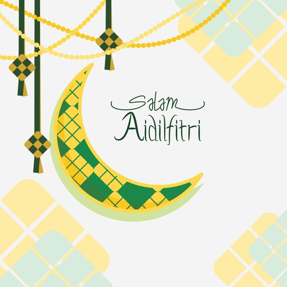 Editable Aidilfitri Patterned Crescent Moon Vector Illustration With Indonesian or Malaysian Ketupat for Design Concept of Islamic Holy Festival